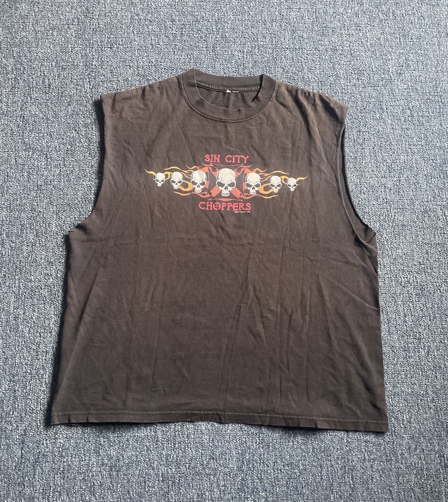 Vintage Sin City Choppers WCC Style Skulls Fashion Victim Sleeveless Shirt Sz XL