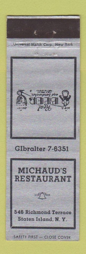 Matchbook Cover - Michaud's Restaurant Staten Island NY