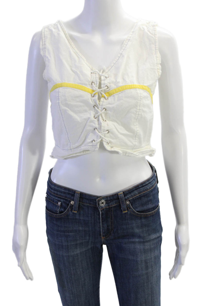 Gimaguas Women Cropped Bohemian White Lace-Up V-Neck Cotton Tank Size SFree Shipping in US $100+ Orders | $6.95 Orders Below