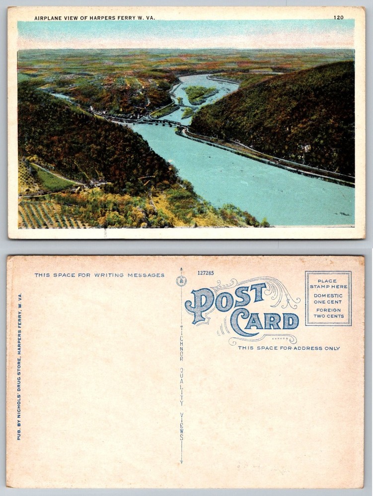 Harpers Ferry WV Aerial View Potomac Shenandoah Rivers Tichnor Linen Postcard