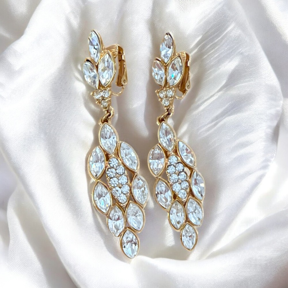 Vintage BARCS Gold Tone Crystal Leaf Drop Clip On Earrings Rhinestone Dangle