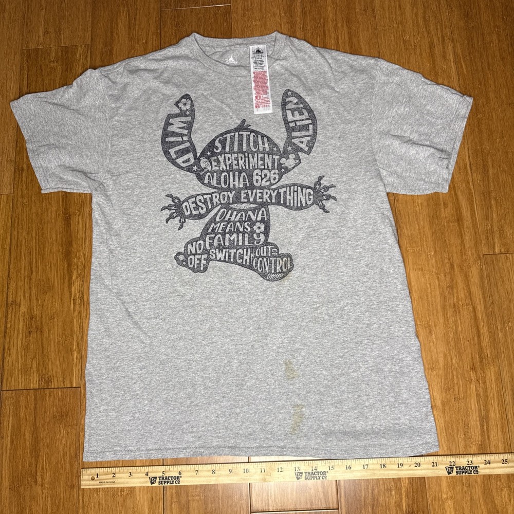 Disney Parks Lilo & Stitch Womens Large Gray T Shirt Ohana Top Distressed