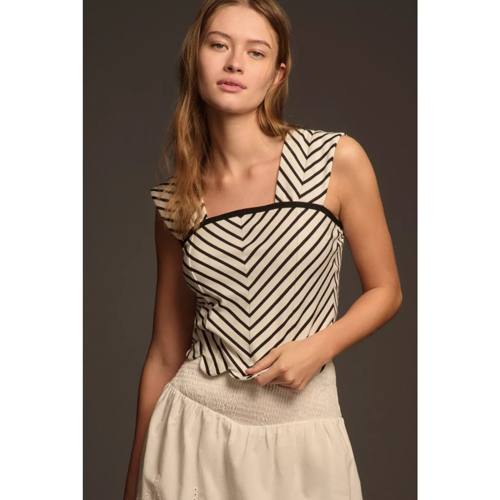 NWT Anthropologie Maeve Square-Neck Cropped Tee, size L, black and white