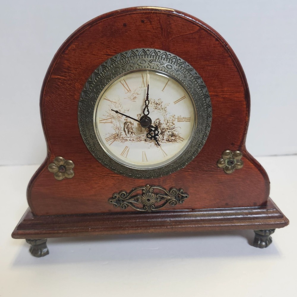 Antique Wooden Mantel Clock With Brass Accents & Roman Numerals