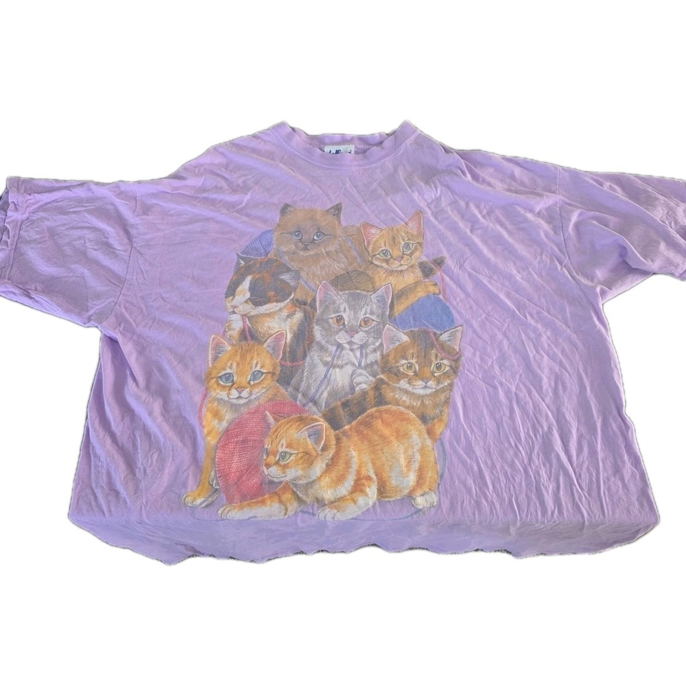 VTG Lollipop Cats & Yarn T-Shirt Kitschy Retro Purple Y2K Size XXL Unisex