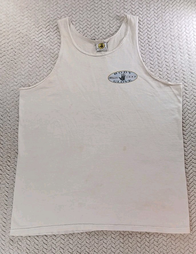 Body Glove Tank Top T-Shirt Mens Large White 90s Beach USA Made Stained VINTAGE