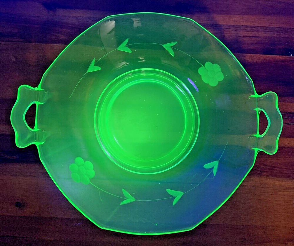 Vintage Green Vaseline Depression Glass Uranium Handles Etched Serving Dish Glow