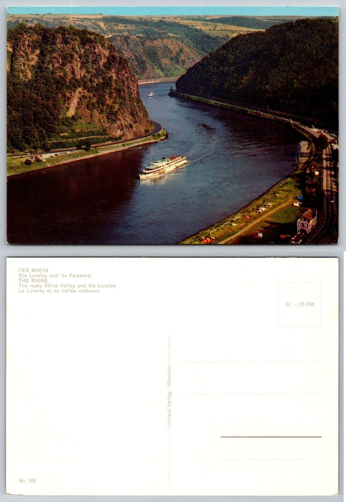 Vintage Rhine River Loreley Rock Germany Cruise Boat Postcard Umlauf-Verlag