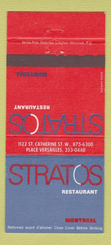 Matchbook Cover - Stratos Restaurant Montreal QC 30 Strike