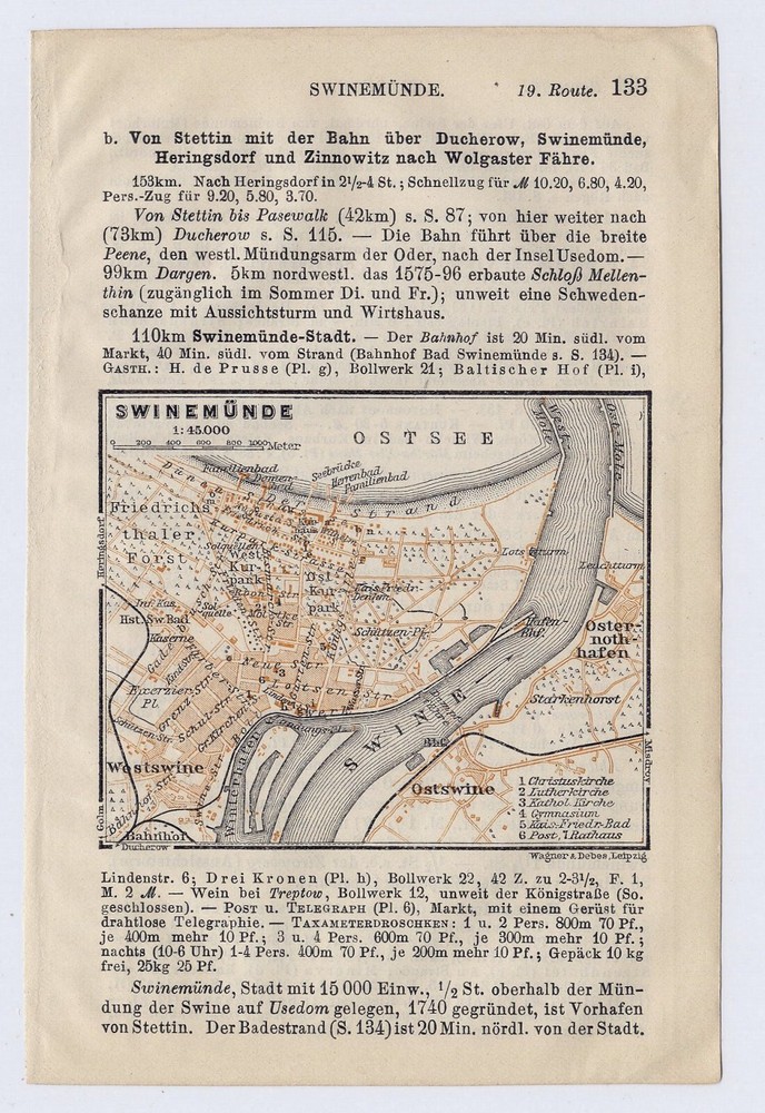 1914 Antique Map Of Swinemünde Świnoujście City Pomerania Pommern Germany Poland