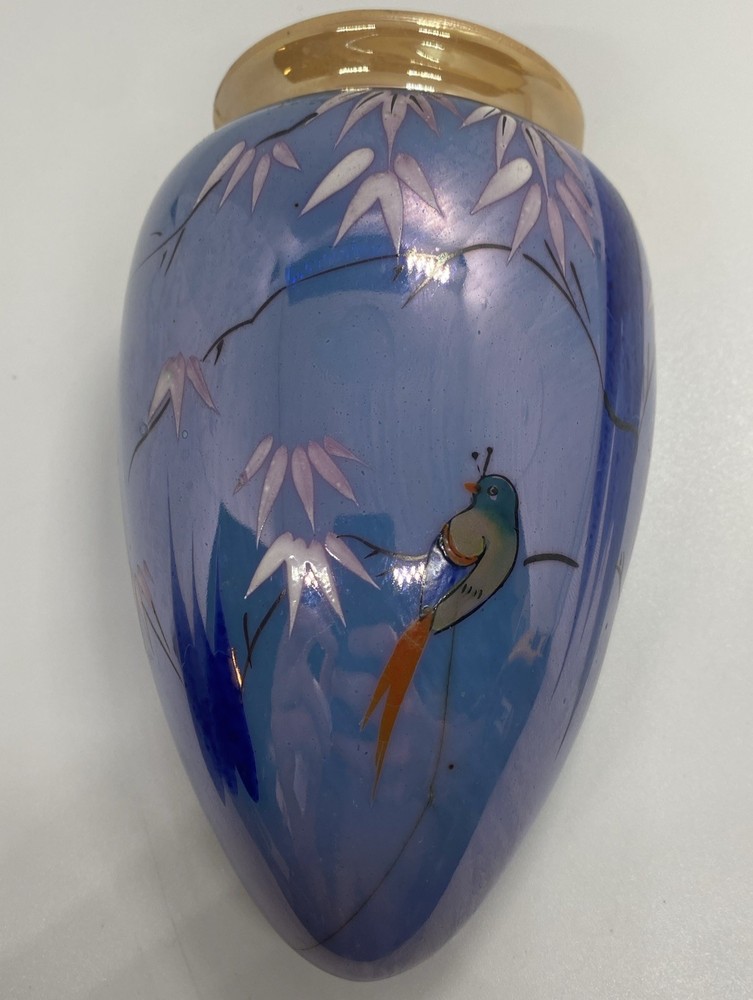 Vintage Blue Lusterware Wall pocket Vase Made In Japan Hand Painted Blossoms