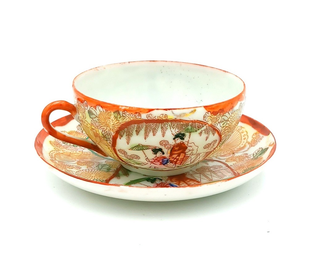 Vintage Kutani Handpainted Orange Geisha Tea Cup And Saucer