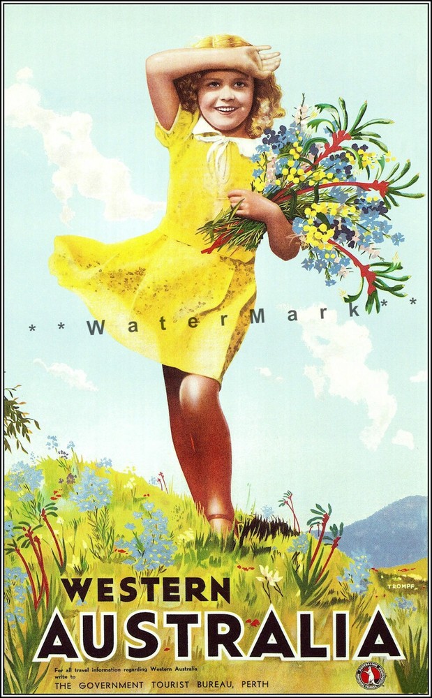Western Australia 1936 Girl With Flowers Vintage Poster Print Retro Travel Art