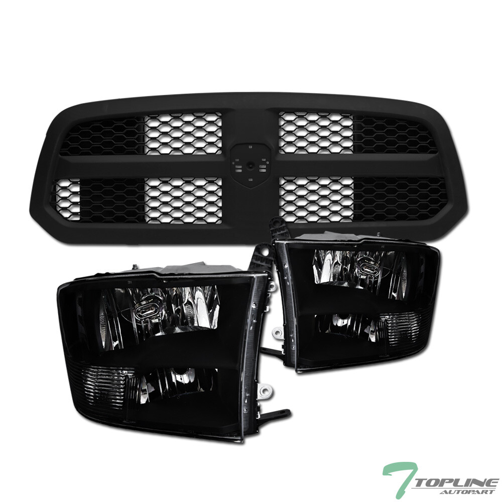 Upgrade Your 13-18 Ram 1500 with Black Quad Headlights and Matte Honeycomb Mesh Grille