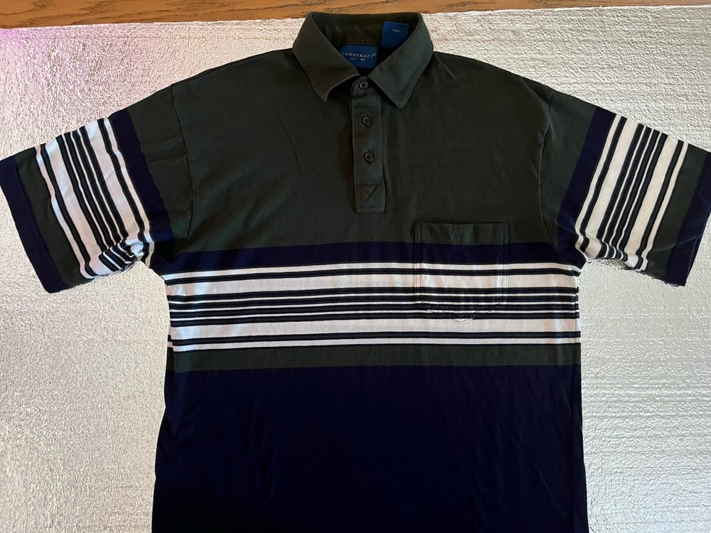 Vintage Town Craft Polo Shirt Men’s Size Medium Green And Blue Striped Polo