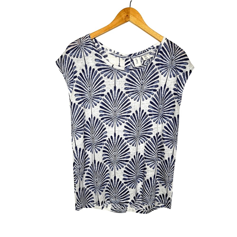 Joie Linen Palm Print Top Women's M Blue White Button Back Cap Sleeve Beach
