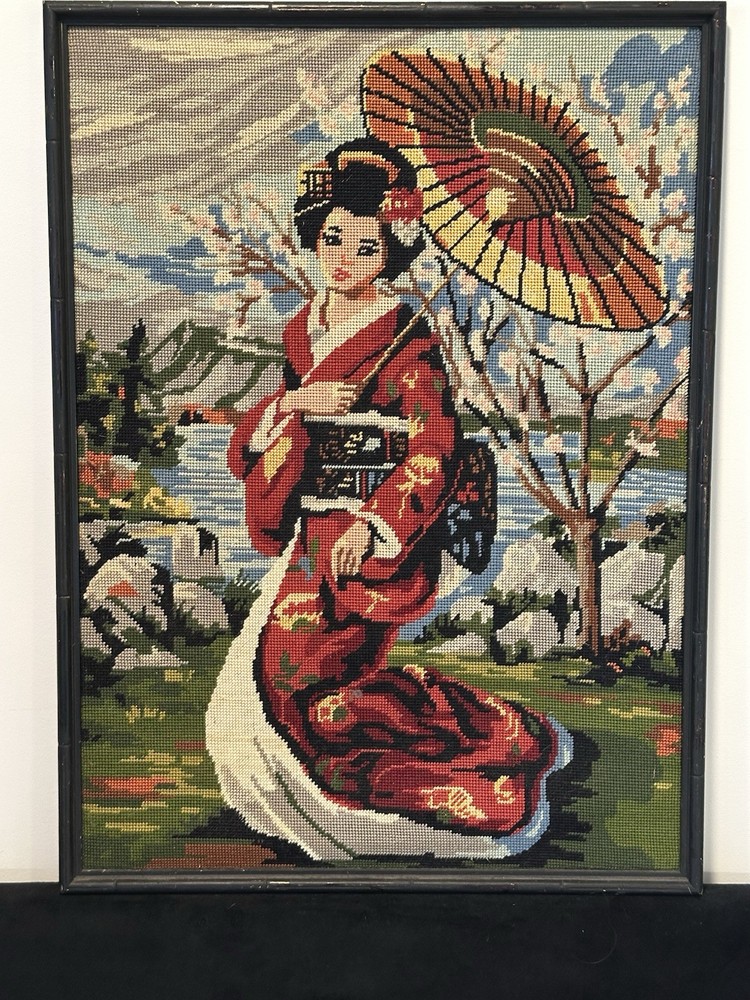 Vintage Framed Needlepoint Geisha Japanese Woman Kimono Asian Wall Art
