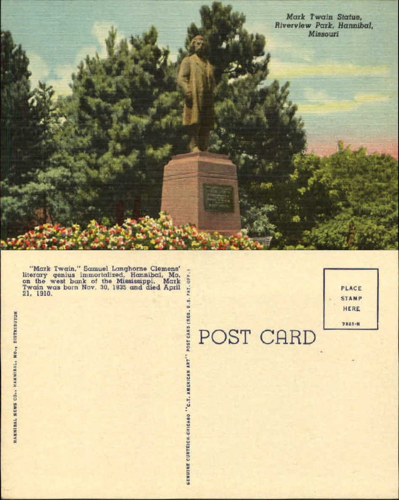 Mark Twain statue Riverview Park Hannibal MO unused 1940s linen postcard