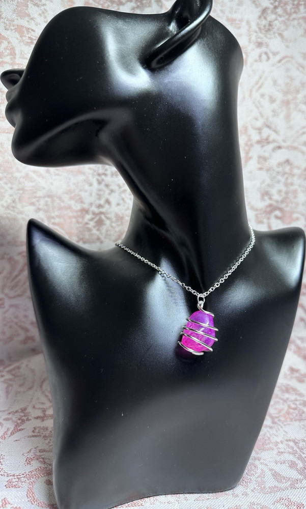 Handcrafted Wire Wrapped Purple Stone Pendant Necklace Silver Cable Chain