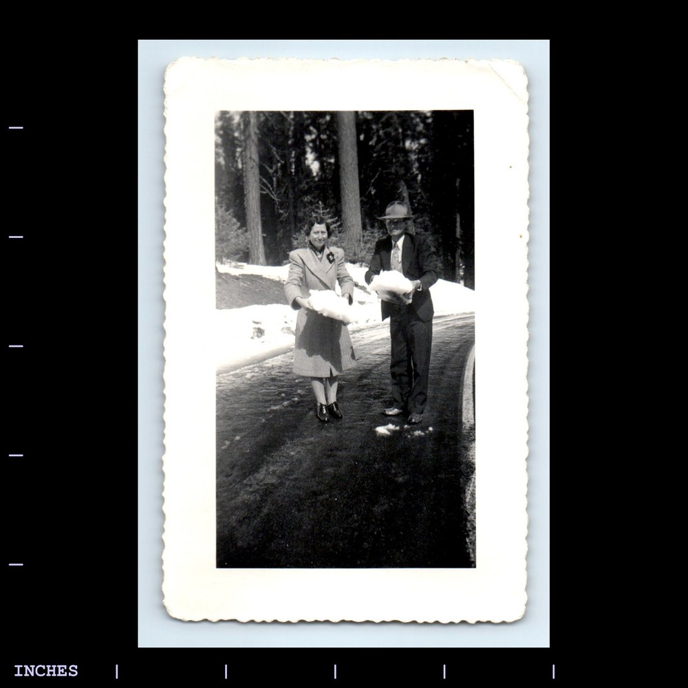 Old Vintage Photo MAN WOMAN HOLDING SNOW WINTER SCENE
