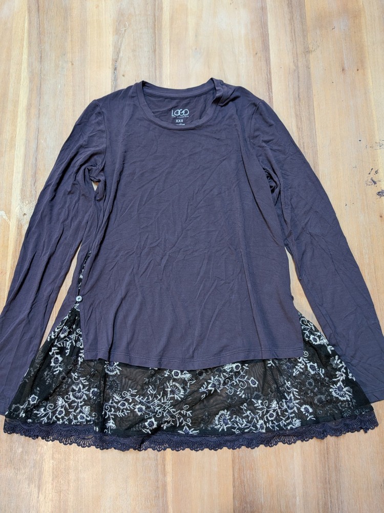 Logo By Lori Goldstein Long Sleeve Lace Detail Top Size XXS Purple Black
