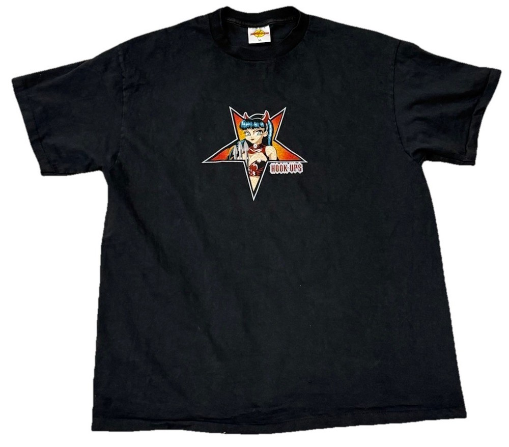 Vintage Hook Ups Grail Faded 90s Devil Girl Anime Star Graphic Tee Shirt Mens XL