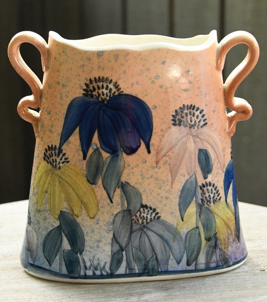 LINDEN HILLS POTTERY LHP Art Floral Vase 7” Cone Flowers Hand Painted