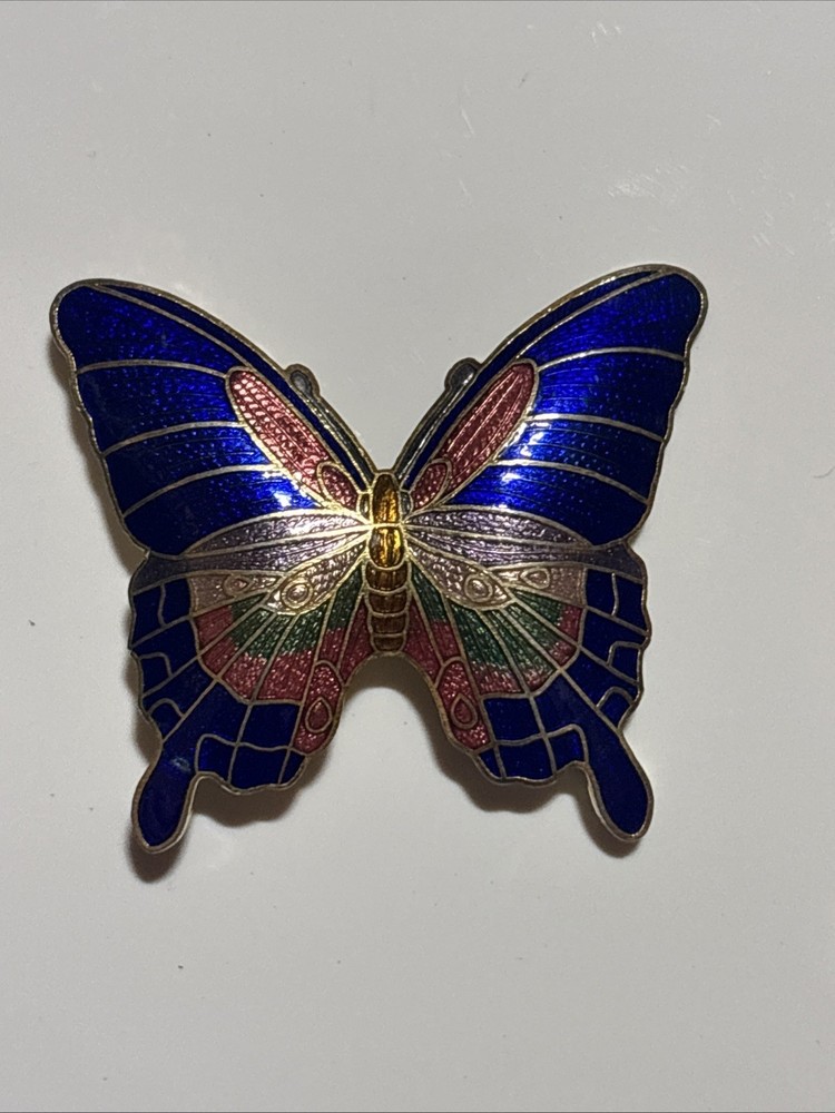 Butterfly Cloisonne Brooch: Cobalt Blue & Pink Enamel, Gold-Tone Brooch