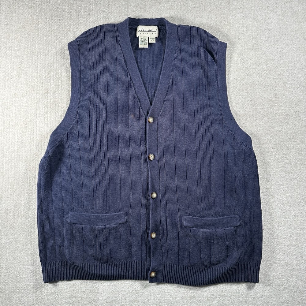 Vintage Eddie Bauer Sweater Vest Mens Large Navy Cardigan Cable Knit Fisherman