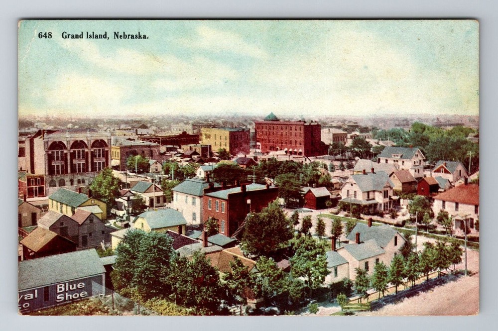 Grand Island NE-Nebraska, Aerial Of Town Area, Antique Souvenir Vintage Postcard