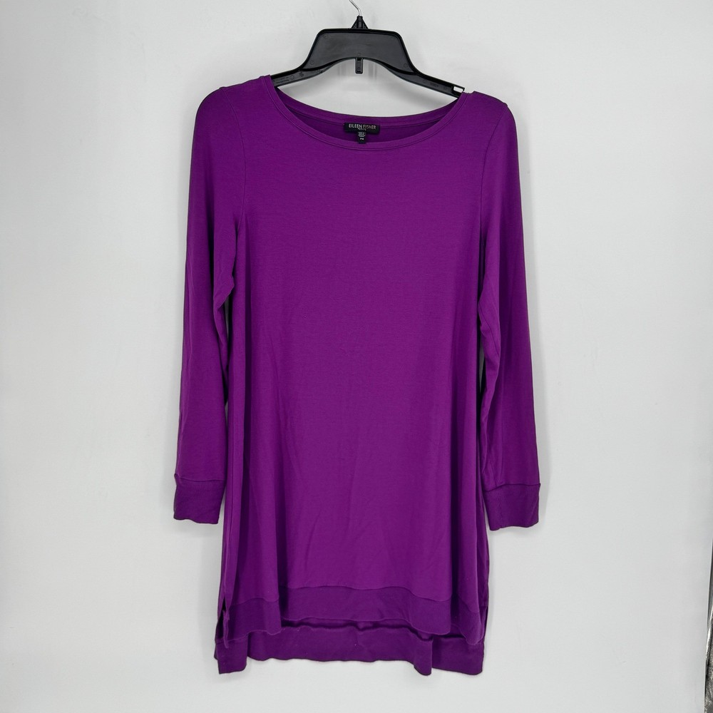 EILEEN FISHER Petite Purple Long Sleeve High Low Tunic Top PM Rayon Lycra
