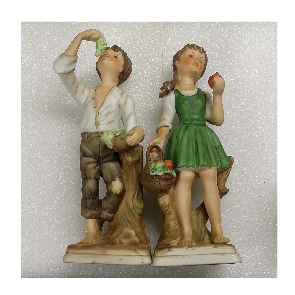 Pair of Hand Painted Multicolor Ceramic Boy & Girl Figurines, Set of 2