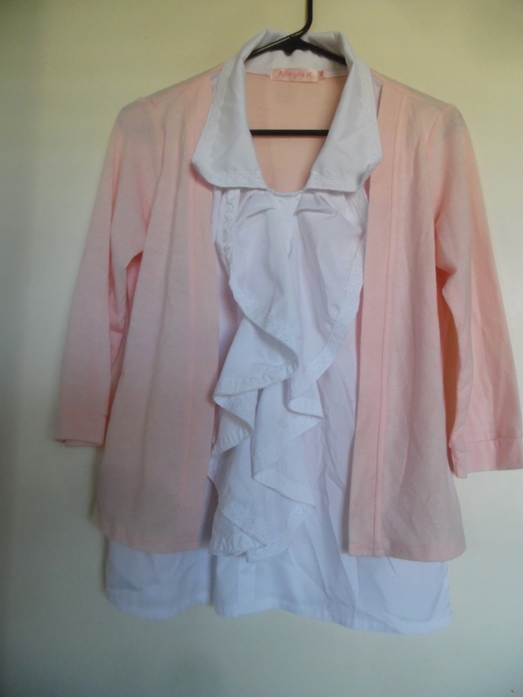 Allegra K Peach White Ruffle Blouse with 3/4 Sleeve in Size M for Women