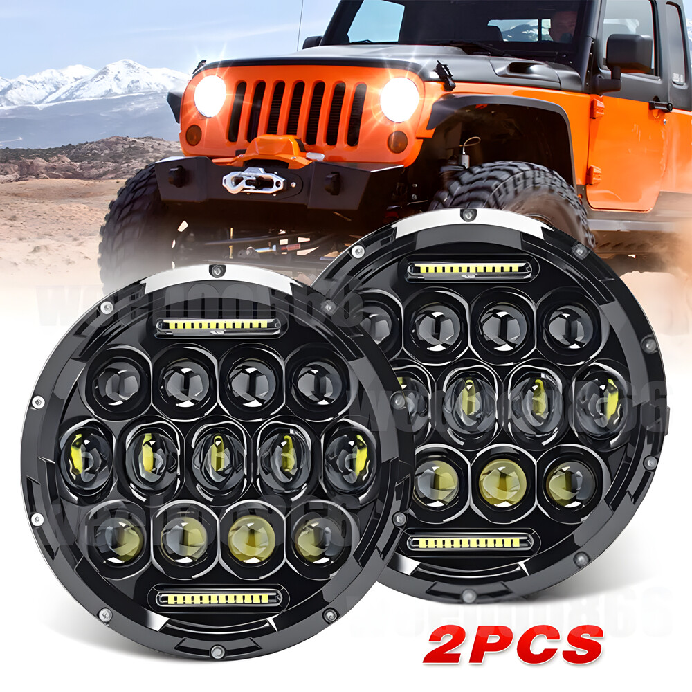 For Jeep Wrangler JK TJ CJ LJ Pair Chrome 7 inch Round LED Headlights Hi/Lo Beam