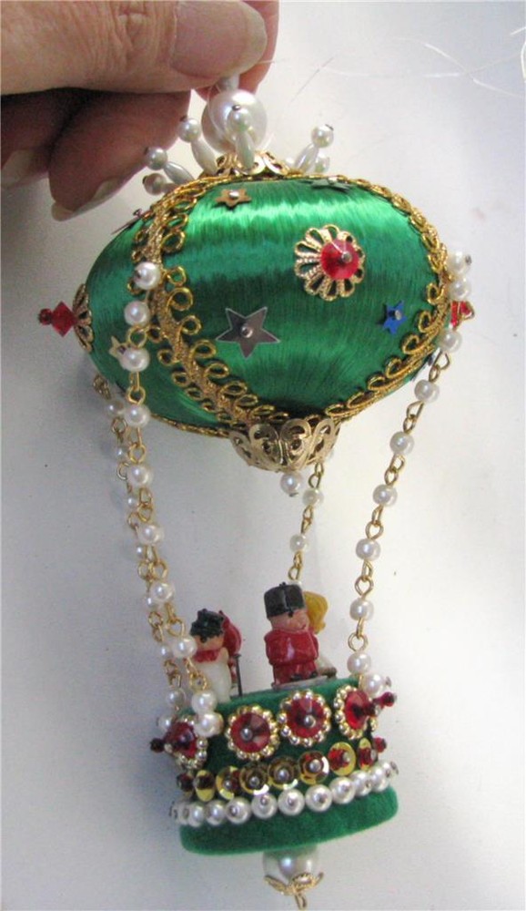Vintage Christmas Beaded Sequin Hot Air Balloon Ornament with Mini Figures