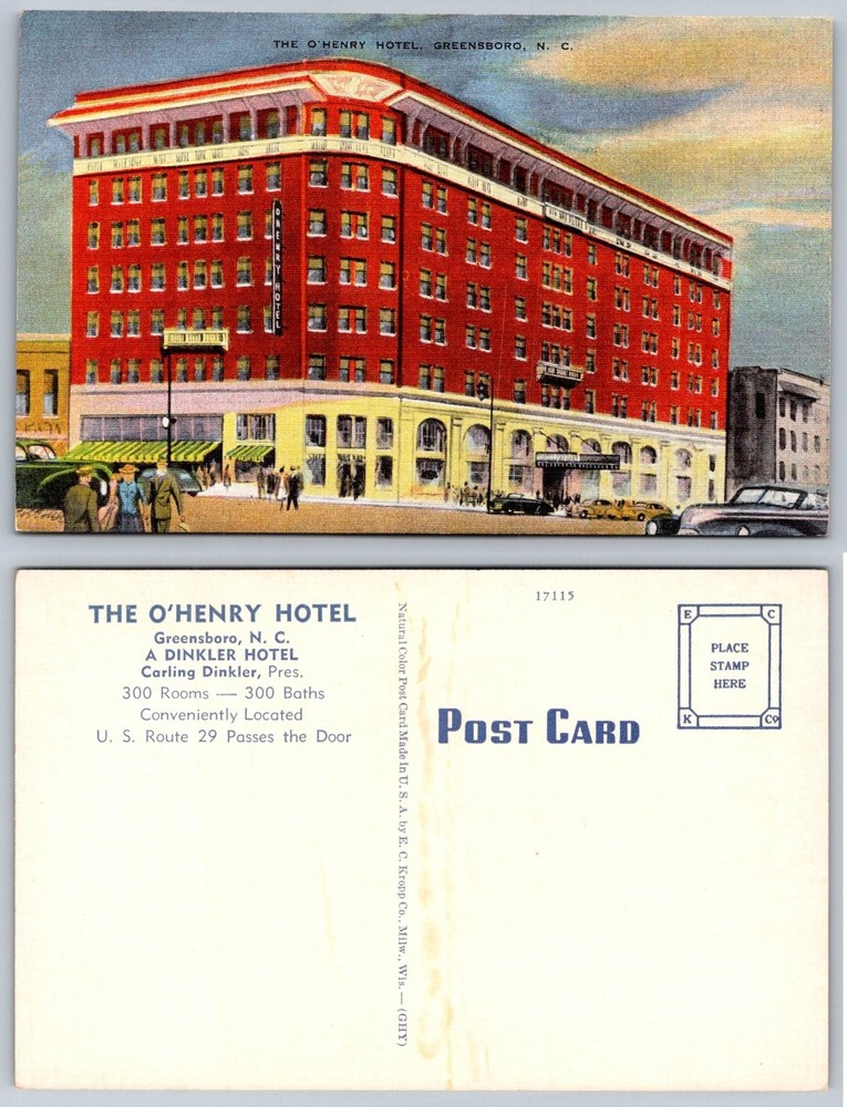 O'Henry Hotel Greensboro NC Vintage Postcard Dinkler Hotel E. C. Kropp