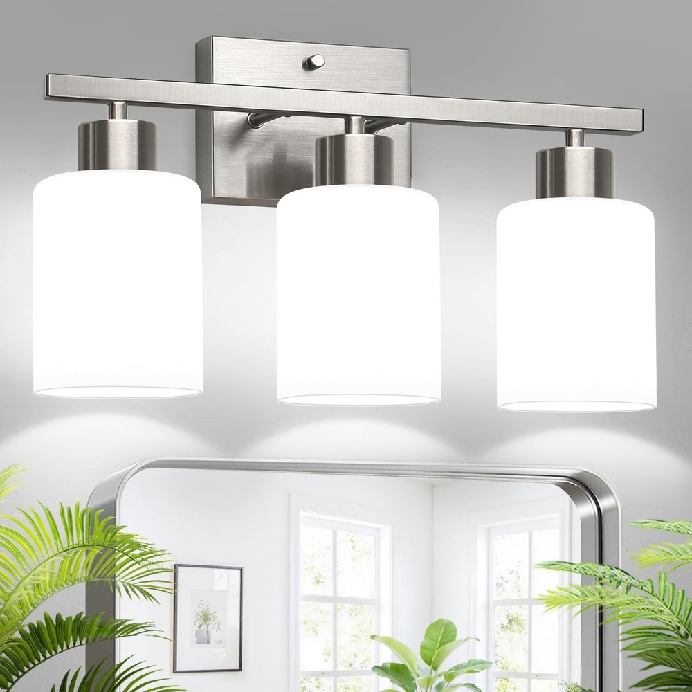 Brushed Nickel Bathroom Light Fixtures with Milk Glass Shades, Eye-Friendly 3...