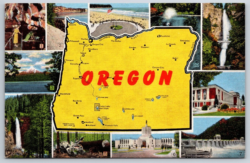 Oregon State Map~Key To Views~Corvallis~Baker~Heppner~Ashland~Vintage Postcard