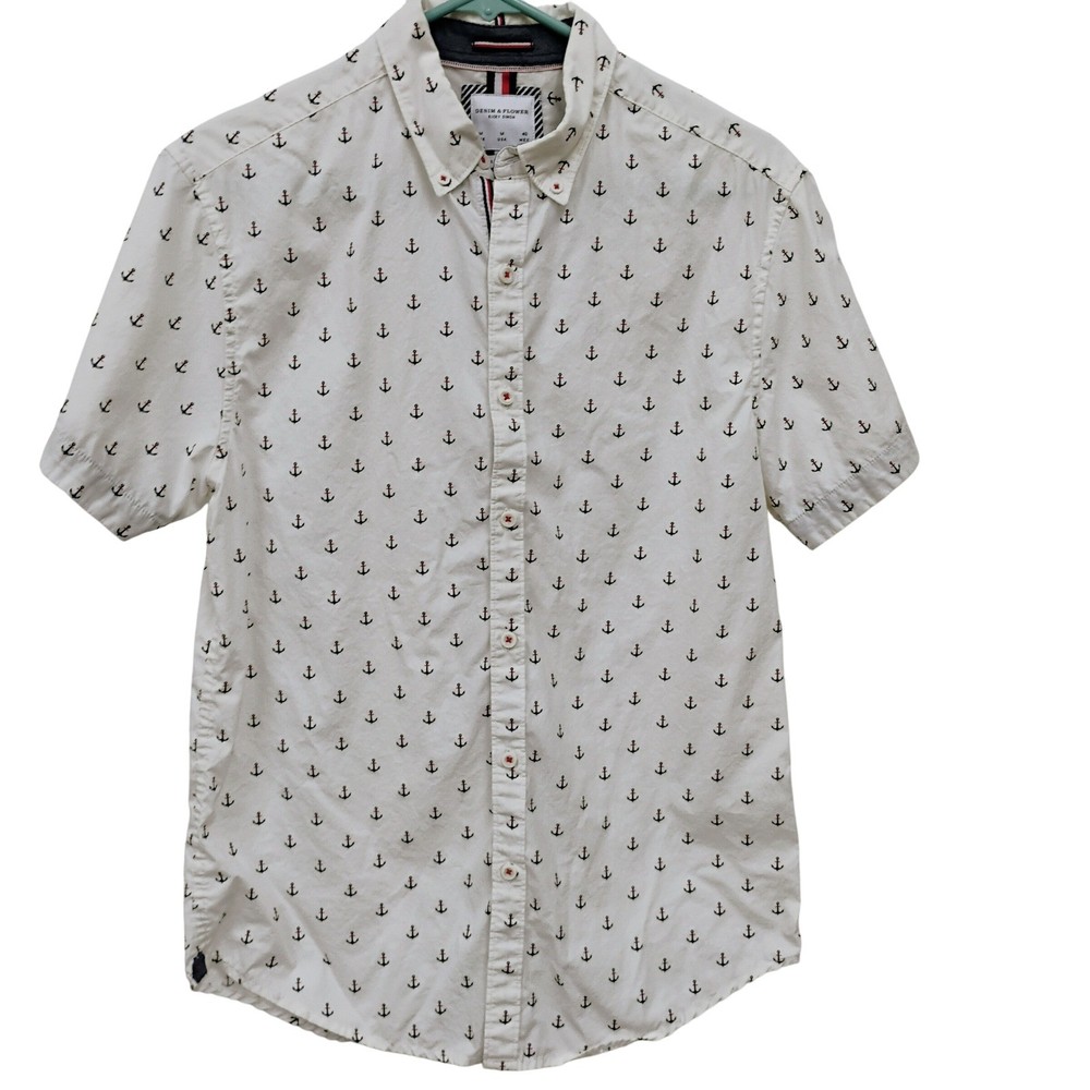 Denim & Flower Anchor Print Short Sleeve Button Down Cruise Shirt Men's M
