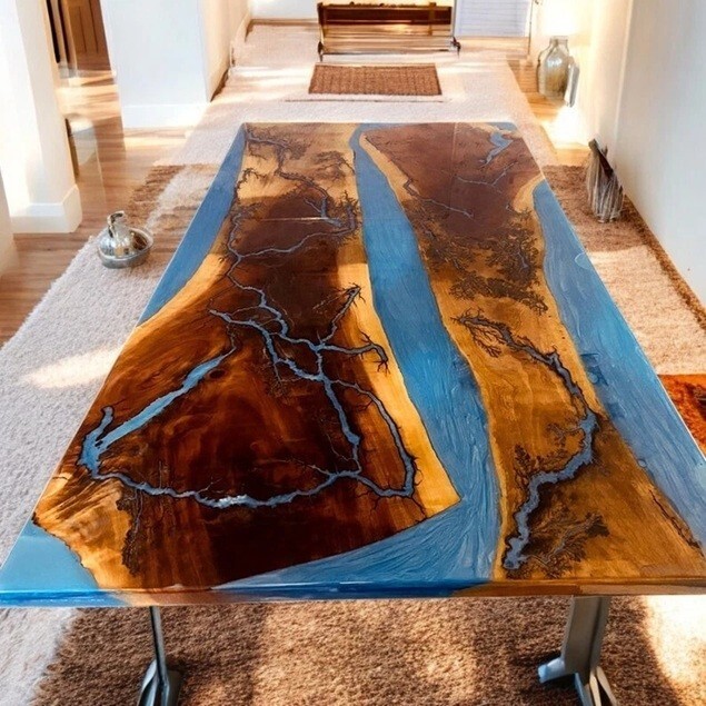 36x24 Blue Epoxy Resin Dining Table with Live Edge Acacia Wood Top for Hallway Decor-image