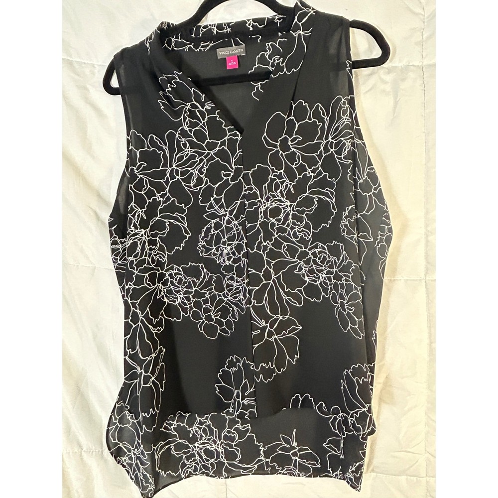 Vince Camuto Black White Floral Print Sleeveless V Neck Blouse Women's Small