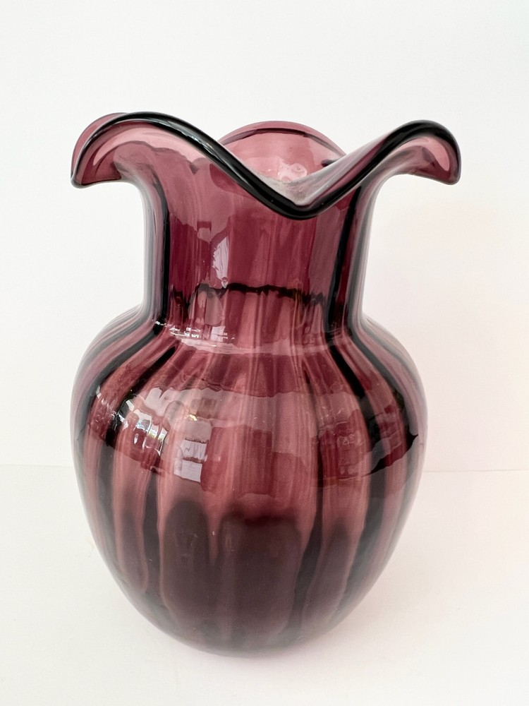 Vintage Amethyst Purple Hand Blown Art Glass Vase Ruffled Edge OPTIC RIB 6