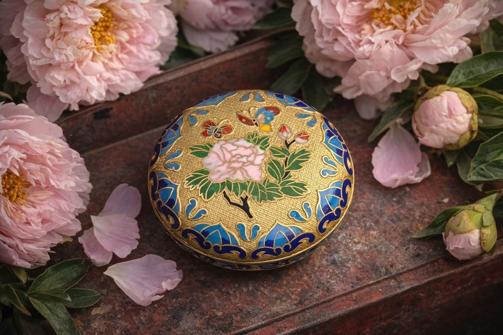 VTG Cloisonné Enamel Trinket Box Butterfly Peony Floral Lift-Off Lid Blue Inside