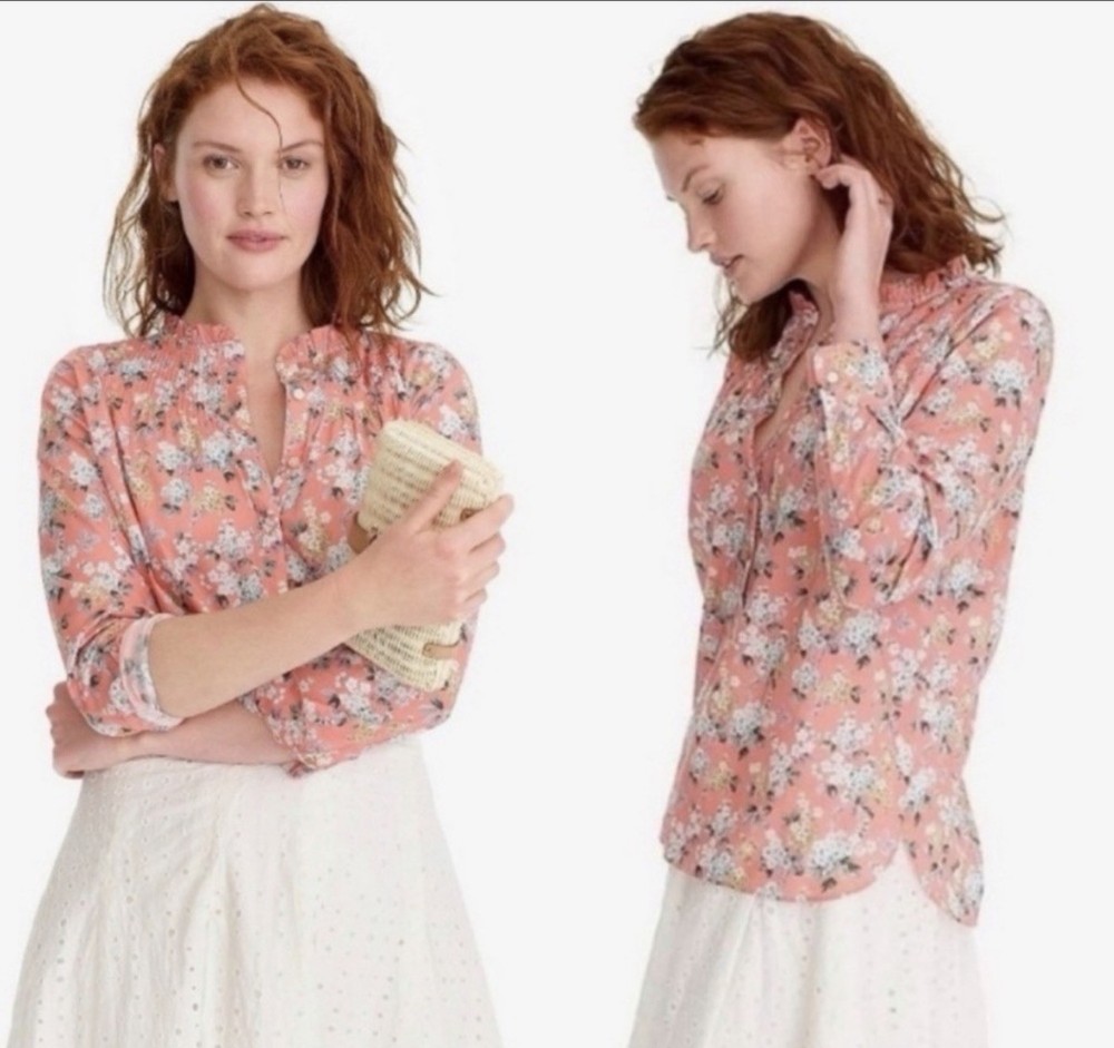J Crew Liberty London Women’s Size 00 Long Sleeve Floral Pink Popover Top