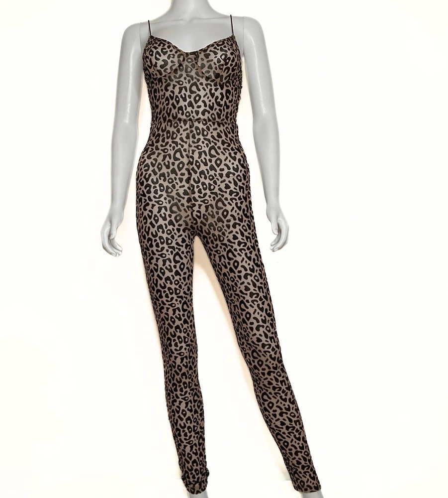 Leopard Animal Print Sheer Skinny One Piece Jumpsuit Womens SZ S Edgy Catsuit