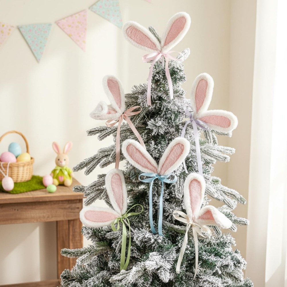 6 Pcs Easter Bunny Ear Tree Decorations 14 x 8 Inch Fluffy Rabbit Ear Picks w...