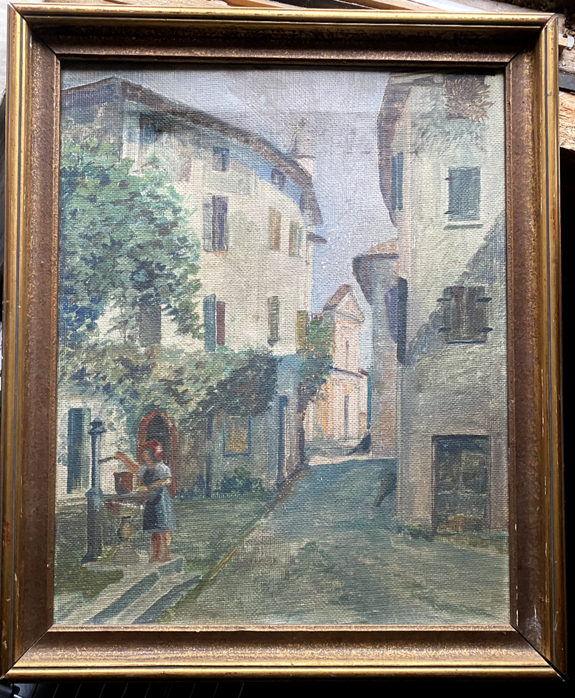 Oil Painting Houses Gasse ° Girl At Fountain Italy ° Old Town South Mediterran