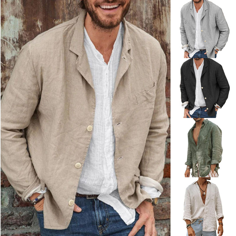 Men's Long Sleeve Cotton Linen Lapel Blazer Jacket Button Cardigan Shirts Solid