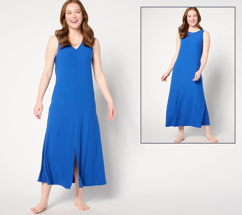 Cuddl Duds Wide Rib 2-Way Round to V-Neck Tank Maxi Dress Blue XL