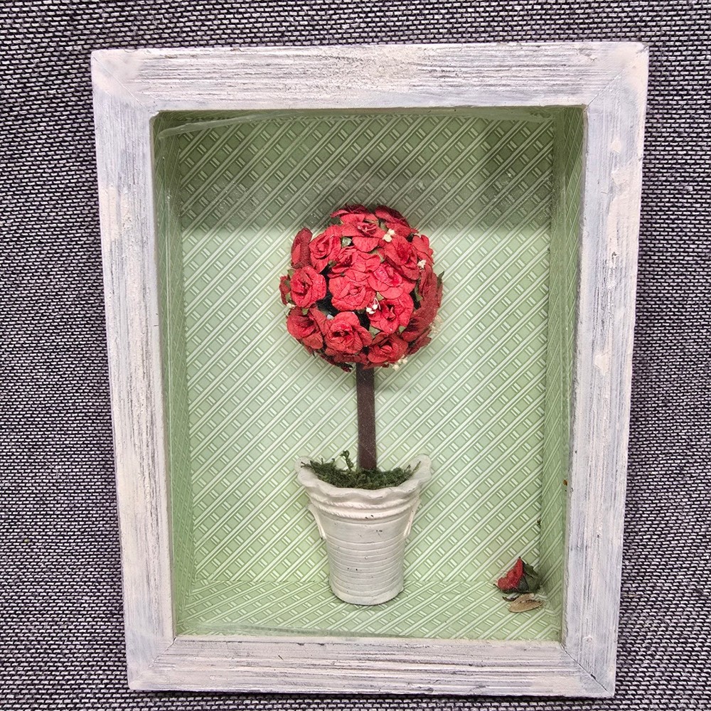 Rose Topiary Shadow Box Wall Art 9x7 Red Green White Good Cottage core,  Rustic